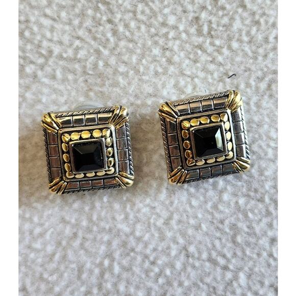 Vintage Signed DP Silver Tone Gold Tone Earrings Chunky Square Black Stone - Picture 4 of 9